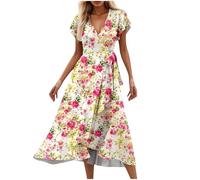 Women's Summer Casual Maxi Dress Sexy V-Neck Short Sleeve Long Flowy Dresses Lace Up Loose Beach Dresses Floral Print Boho Holiday Dress Trendy Elegant Swing Hawaiian Sundress