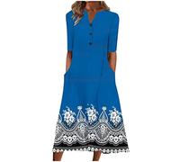 Women's Summer Casual Midi Dress Button V Neck Half Sleeve Long Flowy A Line Dresses Loose Maxi Beach Dresses with Pockets Floral Boho T-Shirts Dress Trendy Elegant Swing Hawaiian Sundress Blue