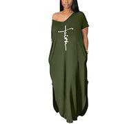 Women's Summer Casual Short Sleeve V Neck Tshirt Long Dress Loose Side Split Beach Maxi Dresses with Pocket, 79-1dark Green Faith, XX-Large