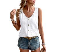 Women's Summer Casual Sleeveless Top V-Neck Button Down Eyelet Embroidered Vest Loose Fit Breathable White Tank Blouse for Beach Vacation