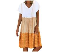 Womens Summer Casual T Shirt Dress Plus Size Short Sleeve V Neck Dresses Striped Polka Dots Patchwork Print Tiered Dress Beach Holiday Dress Swing Sundress Ladies Loose Mini Dress UK Size 8-22 Yellow