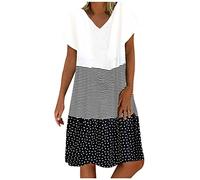 Womens Summer Casual T Shirt Dress Plus Size Short Sleeve V Neck Dresses Striped Polka Dots Patchwork Print Tiered Dress Beach Holiday Dress Swing Sundress Ladies Loose Mini Dress UK Size 8-22 Black