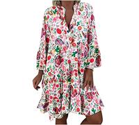 Womens Summer Casual V-Neck 3/4 Sleeve Sundress Boho Print Hawaiian Beach Dress Flowy Swing Vacation Mini Dress, #013 Pink, XXL