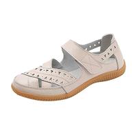 Women's Summer Closed Toe Casual Leather Sandal Cutout Comfort Adjustable Ankle Strap Orthopedic Fisherman Beach Shoes (Beige, 7)