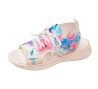 Women's Summer Comfortable Barefoot Textile Floral Pattern Open Toe Lace Up Front Side Cut Out Strap Back Thick Sole Lightweight Beach Walking Sandals, 01 Blue, 9 UK