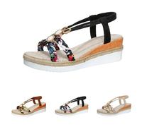 Women's Summer Comfortable Sandals with Footbed - Sandals Women's Summer Flat Wedge Sandals Platform Beach Sandals Open Toe Leisure Sandals Slip-On Outdoor Sandals Rhinestones Straw Sandals, black, 10