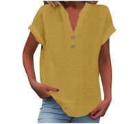 Women's Summer Cotton Linen Cap Sleeve T-Shirt Button Down V-Neck Loose Tunic Tops Fashionable Baggy Solid Color Plain Casual Shirts Trendy Lounge Vacation Lightweight Outdoor Blouses