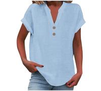 Women's Summer Cotton Linen Cap Sleeve T-Shirt Button Down V-Neck Loose Tunic Tops Fashionable Baggy Solid Color Plain Casual Shirts Trendy Lounge Vacation Lightweight Outdoor Blouses