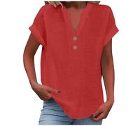 Women's Summer Cotton Linen Cap Sleeve T-Shirt Button Down V-Neck Loose Tunic Tops Fashionable Baggy Solid Color Plain Casual Shirts Trendy Lounge Vacation Lightweight Outdoor Blouses B Red