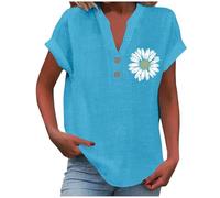 Women's Summer Cotton Linen Cap Sleeve T-Shirt Button V-Neck Tunic Tops Lounge Baggy Plain Casual Shirts Trendy Blouse