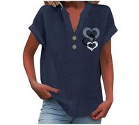 Women's Summer Cotton Linen Cap Sleeve T-Shirt Button V-Neck Tunic Tops Lounge Baggy Plain Casual Shirts Trendy Blouse