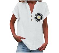 Women's Summer Cotton Linen Cap Sleeve T-Shirt Button V-Neck Tunic Tops Lounge Baggy Plain Casual Shirts Trendy Blouse