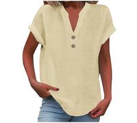Women's Summer Cotton Linen Cap Sleeve T-Shirt Button V Neck Tunic Tops Lounge Baggy Solid Plain Casual Shirts Trendy Blouse Tops Yellow