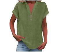 Women's Summer Cotton Linen Cap Sleeve T-Shirt Button V Neck Tunic Tops Lounge Baggy Solid Plain Casual Shirts Trendy Blouse Tops Army Green