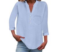Women's Summer Cotton Linen Cap Sleeve T-Shirt Button V Neck Tunic Tops Lounge Baggy Solid Plain Casual Shirts Trendy Blouse Sky Blue, M