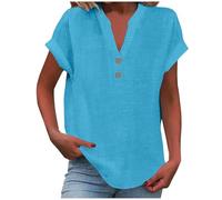 Women's Summer Cotton Linen Cap Sleeve T-Shirt Button V Neck Tunic Tops Lounge Baggy Solid Plain Casual Shirts Trendy Blouse Tops Dark Blue