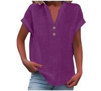 Women's Summer Cotton Linen Cap Sleeve T-Shirt Button V Neck Tunic Tops Lounge Baggy Solid Plain Casual Shirts Trendy Blouse