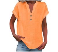 Women's Summer Cotton Linen Cap Sleeve T-Shirt Button V Neck Tunic Tops Lounge Baggy Solid Plain Casual Shirts Trendy Blouse Tops Orange