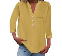 Women's Summer Cotton Linen Cap Sleeve T-Shirt Button V Neck Tunic Tops Lounge Baggy Solid Plain Casual Shirts Trendy Blouse Yellow, M