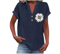 Women's Summer Cotton Linen Cap Sleeve T-Shirt Button V Neck Tunic Tops Lounge Baggy Solid Plain Casual Shirts Trendy Blouse