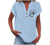 Women's Summer Cotton Linen Cap Sleeve T-Shirt Button V Neck Tunic Tops Lounge Baggy Solid Plain Casual Shirts Trendy Blouse
