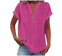 Women's Summer Cotton Linen Cap Sleeve T-Shirt Button V Neck Tunic Tops Lounge Baggy Solid Plain Casual Shirts Trendy Blouse