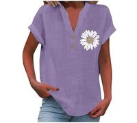 Women's Summer Cotton Linen Cap Sleeve T-Shirt Button V Neck Tunic Tops Lounge Baggy Solid Plain Casual Shirts Trendy Blouse