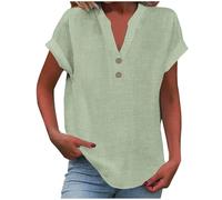 Women's Summer Cotton Linen Cap Sleeve T-Shirt Button V Neck Tunic Tops Lounge Baggy Solid Plain Casual Shirts Trendy Blouse Tops Green
