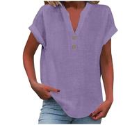 Women's Summer Cotton Linen Cap Sleeve T-Shirt Button V Neck Tunic Tops Lounge Baggy Solid Plain Casual Shirts Trendy Blouse Tops Light Purple