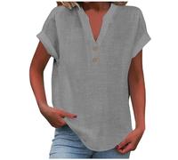 Women's Summer Cotton Linen Cap Sleeve T-Shirt Button V Neck Tunic Tops Lounge Baggy Solid Plain Casual Shirts Trendy Blouse Tops Gray