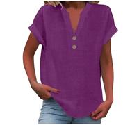 Women's Summer Cotton Linen Cap Sleeve T-Shirt Button V Neck Tunic Tops Lounge Baggy Solid Plain Casual Shirts Trendy Blouse Tops Purple