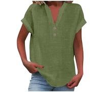 Women's Summer Cotton Linen Cap Sleeve T-Shirt Button V Neck Tunic Tops Lounge Baggy Solid Plain Casual Shirts Trendy Blouse