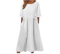 Women's Summer Cotton Linen Dresses - Short Sleeve Midi Dress with Pocket, Casual Pleated Oversized Solid Holiday Party Beach Dress, Elegant Shift Sundress