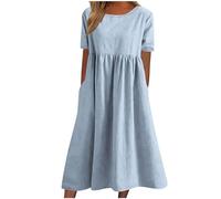 Women's Summer Cotton Linen Dresses - Short Sleeve Midi with Pocket, Baggy Casual Pleated Plain Oversized Solid Holiday Party Beach Elegant Shift Sundress