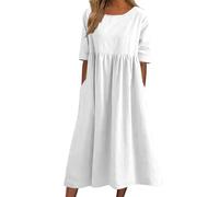 Women's Summer Cotton Linen Dresses Short Sleeve T-Shirt Midi Dresses Plus Size Casual Pleated Linen Boho Beach Dress with Pockets White