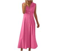 Womens Summer Cotton Linen Dresses Solid Sexy V Neck Button Maxi Dress High Waist Sleeveless Casual Fashion Travel Beach Sundress Petite Empire line Summer Dresses for Women UK Hot Pink XXL