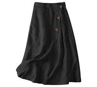 Women's Summer Cotton Linen Elastic Back Buttoned Swing Midi A Line Skirt Bohemian Midi Skirt UK Size XXL Black