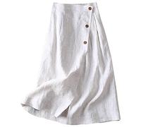 Women's Summer Cotton Linen Elastic Back Buttoned Swing Midi A Line Skirt Bohemian Midi Skirt UK Size XL White
