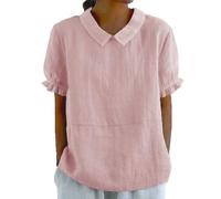 Women'S Summer Cotton Linen Shirts Short Sleeve T-Shirt Collared Tunic Tops Lounge Baggy Solid Blouses Ladies Plain Casual Shirts Trendy Blouse Tee Shirt Square Neck Tunic Clothes With Pockets