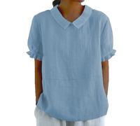 Women'S Summer Cotton Linen Shirts Short Sleeve T-Shirt Collared Tunic Tops Lounge Baggy Solid Blouses Ladies Plain Casual Shirts Trendy Blouse Tee Shirt Square Neck Tunic Clothes With Pockets