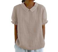 Women'S Summer Cotton Linen Shirts Short Sleeve T-Shirt Collared Tunic Tops Lounge Baggy Solid Blouses Ladies Plain Casual Shirts Trendy Blouse Tee Shirt Square Neck Tunic Clothes With Pockets