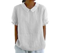 Women'S Summer Cotton Linen Shirts Short Sleeve T-Shirt Collared Tunic Tops Lounge Baggy Solid Blouses Ladies Plain Casual Shirts Trendy Blouse Tee Shirt Square Neck Tunic Clothes With Pockets