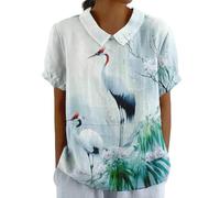 Women's Summer Cotton Linen Shirts with Pocket Short Sleeve Floral T-Shirt Collared Tunic Tops Blouses