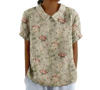 Women's Summer Cotton Linen Shirts with Pocket Short Sleeve Floral T-Shirt Collared Tunic Tops Blouses