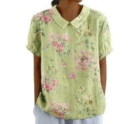 Women's Summer Cotton Linen Shirts with Pocket Short Sleeve Floral T-Shirt Collared Tunic Tops Blouses-1