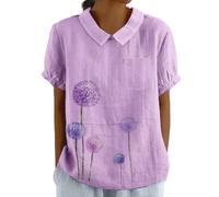 Women's Summer Cotton Linen Shirts with Pocket Short Sleeve Floral T-Shirt Collared Tunic Tops Blouses