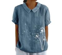 Women's Summer Cotton Linen Shirts with Pocket Short Sleeve Floral T-Shirt Collared Tunic Tops Blouses