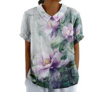 Women's Summer Cotton Linen Shirts with Pocket Short Sleeve Floral T-Shirt Collared Tunic Tops Blouses