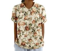 Women's Summer Cotton Linen Shirts with Pocket Short Sleeve Floral T-Shirt Collared Tunic Tops Blouses