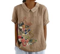 Women's Summer Cotton Linen Shirts with Pocket Short Sleeve Floral T-Shirt Collared Tunic Tops Blouses